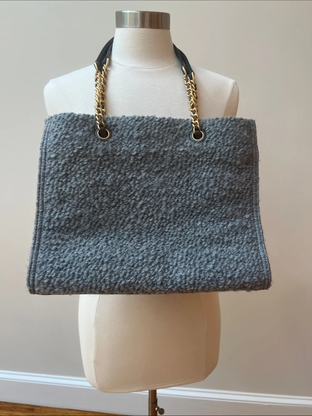 Tory Burch Gray Textured Logo Tote with Gold Chain Straps